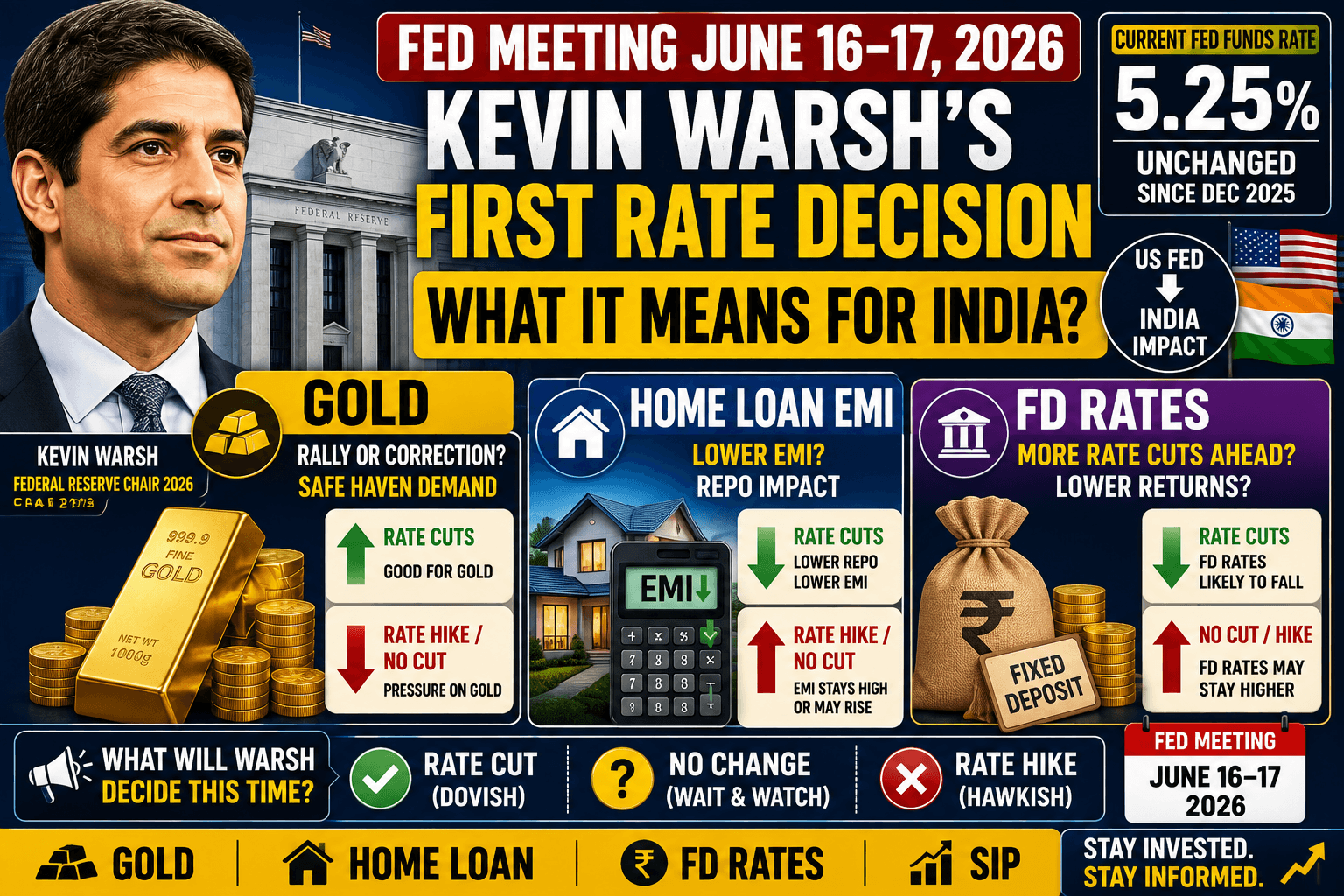 Fed Meeting June 16–17, 2026: What Kevin Warsh's First Rate Decision Means for Gold, Home Loan EMI and FD Rates in India